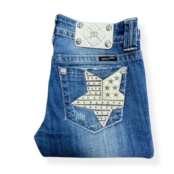 Miss Me Jeans Womens 27 Blue Bootcut Embroidered Stars Stripe Pockets Rhinestone - Picture 16 of 16